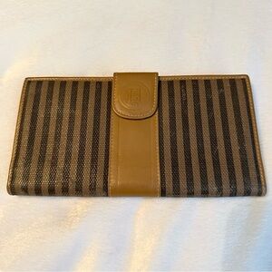 Vintage Fendi Regimental Stripe Leather Trim Continental Clutch Wallet Tan Black